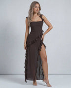 Lauven Celeste Maxi Dress - Elegant brown sheer ruffle maxi dress with ruffled straps and high slit.
