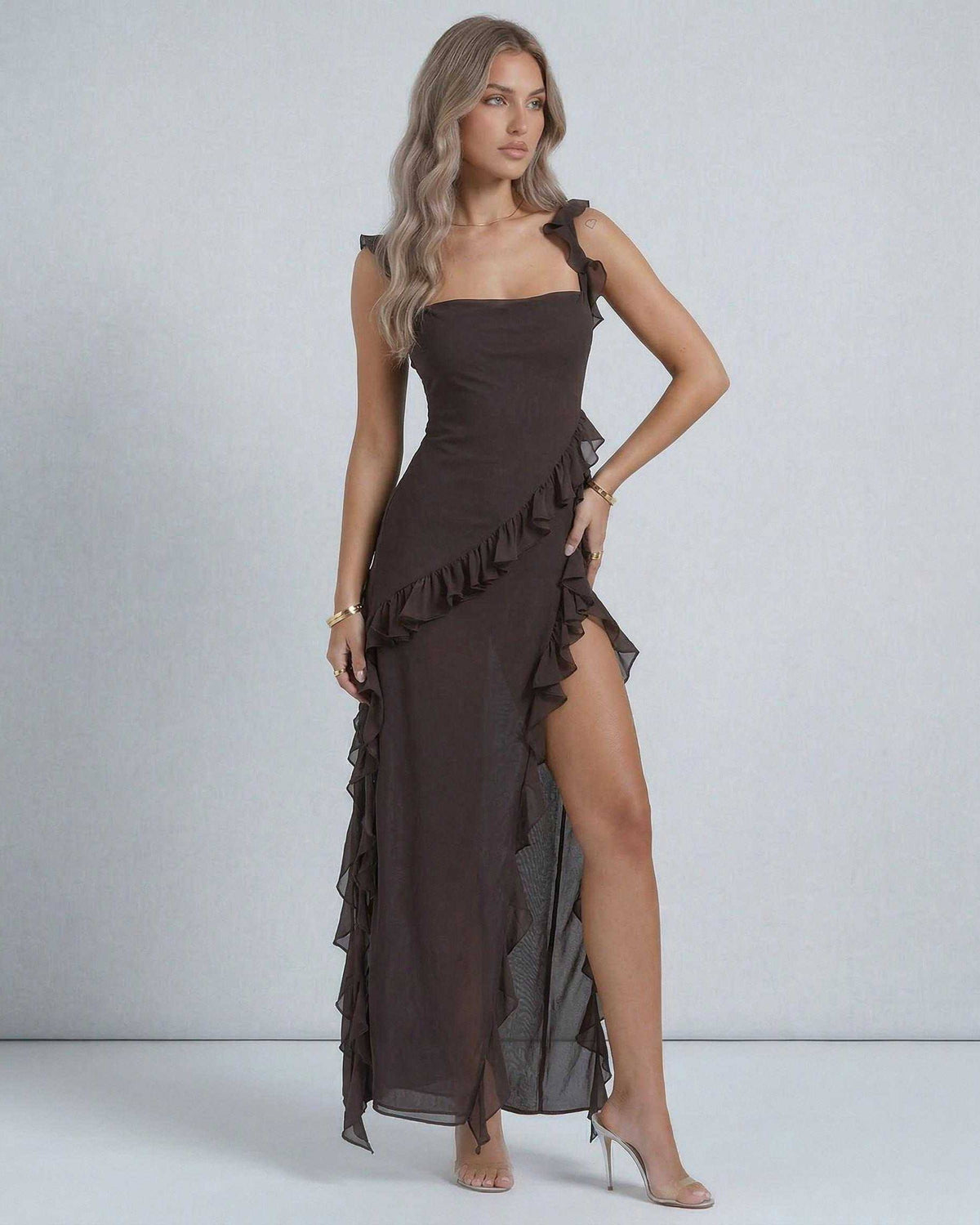 Lauven Celeste Maxi Dress - Elegant brown sheer ruffle maxi dress with ruffled straps and high slit.