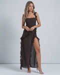 Lauven Celeste Maxi Dress in elegant brown sheer fabric with ruffled detailing and soft draped waistline.