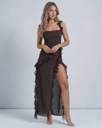 Lauven Celeste Maxi Dress in elegant brown sheer fabric with ruffled detailing and soft draped waistline.