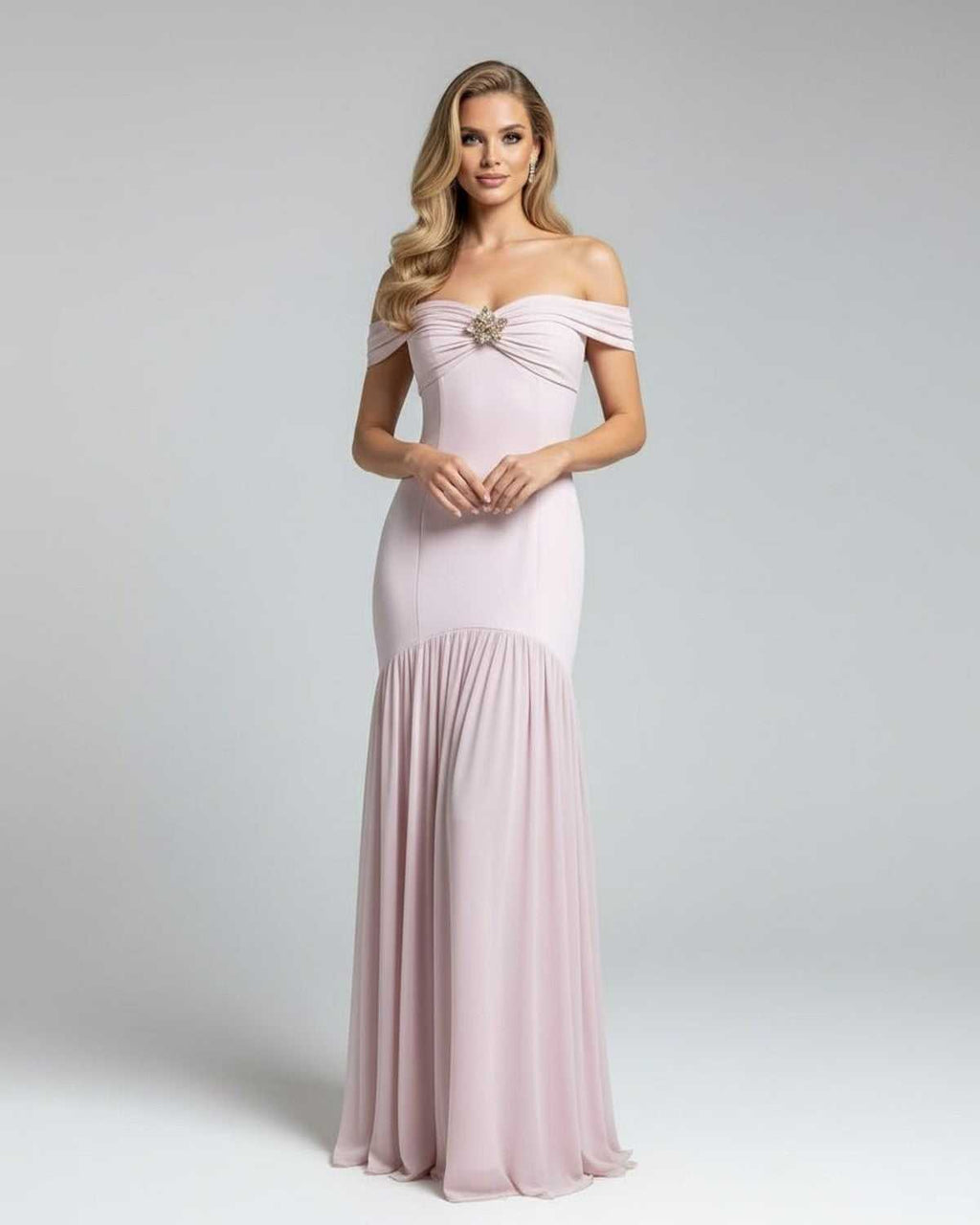 Celeste Maxi Dress by Lauven in soft pink with off-shoulder neckline and metallic embellishment, perfect for evening events.