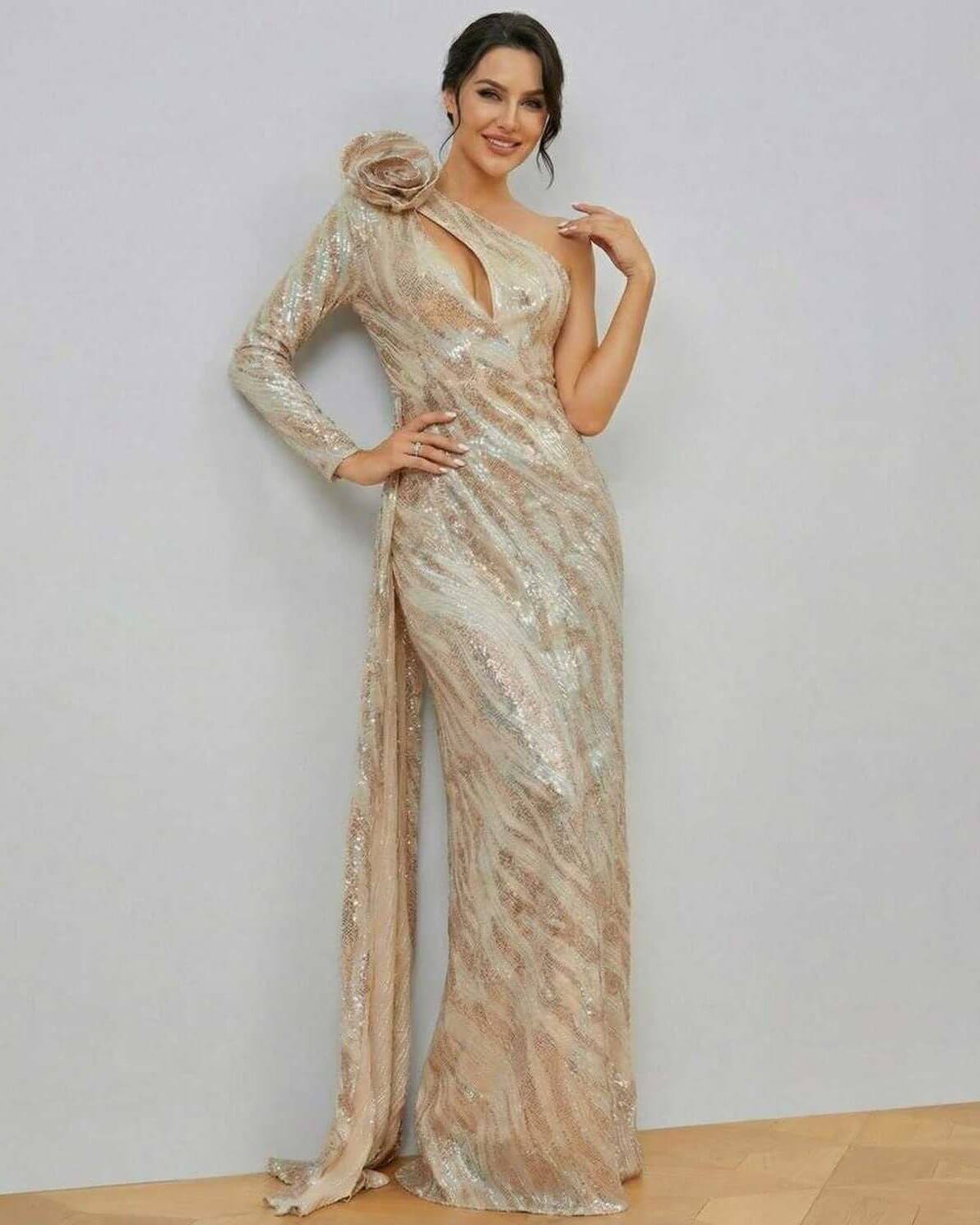 Celeste Maxi Dress by Lauven - Elegant one-shoulder sequin gown with a luxurious design and mermaid silhouette.