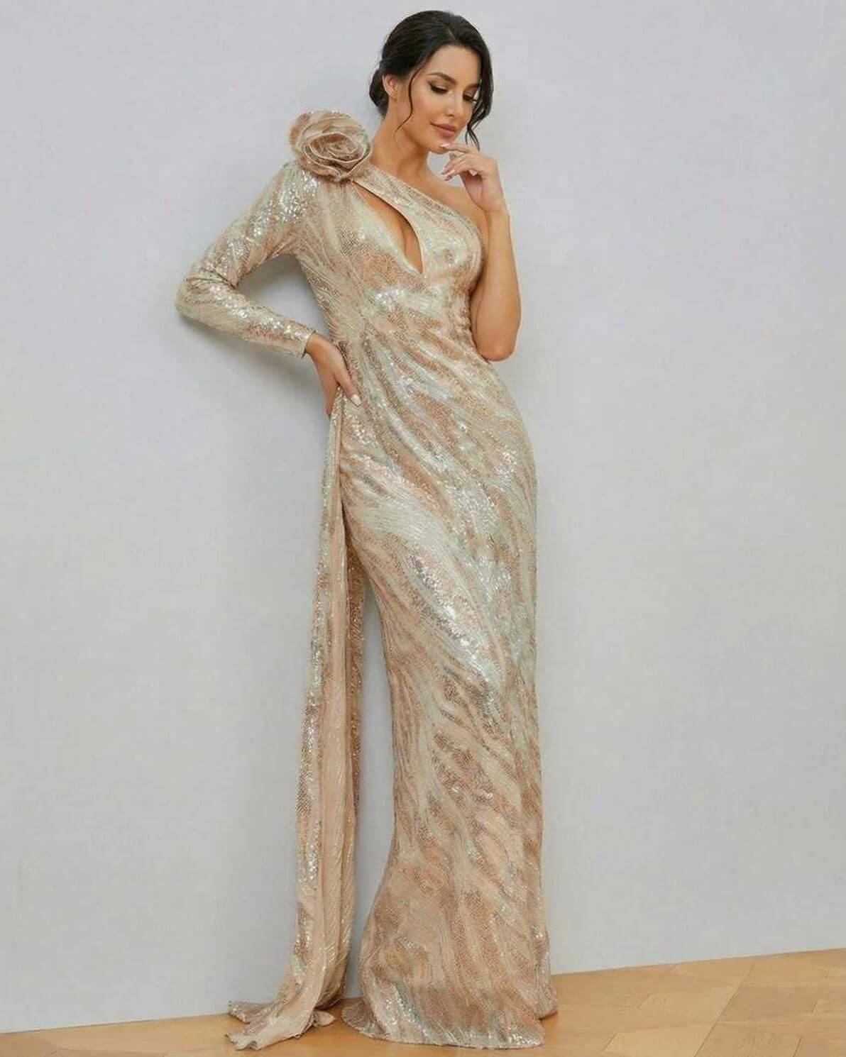Celeste Maxi Dress by Lauven - Elegant one-shoulder sequin gown with shimmering striped pattern and flower detail.