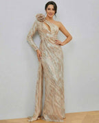 Elegant Celeste Maxi Dress by Lauven, featuring one-shoulder design and shimmering sequins.