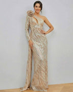Celeste Maxi Dress by Lauven - Elegant one-shoulder sequin gown with a luxurious striped pattern and mermaid silhouette.
