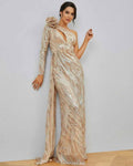 Celeste Maxi Dress by Lauven featuring an elegant one-shoulder design with sequins and a sleek mermaid silhouette.