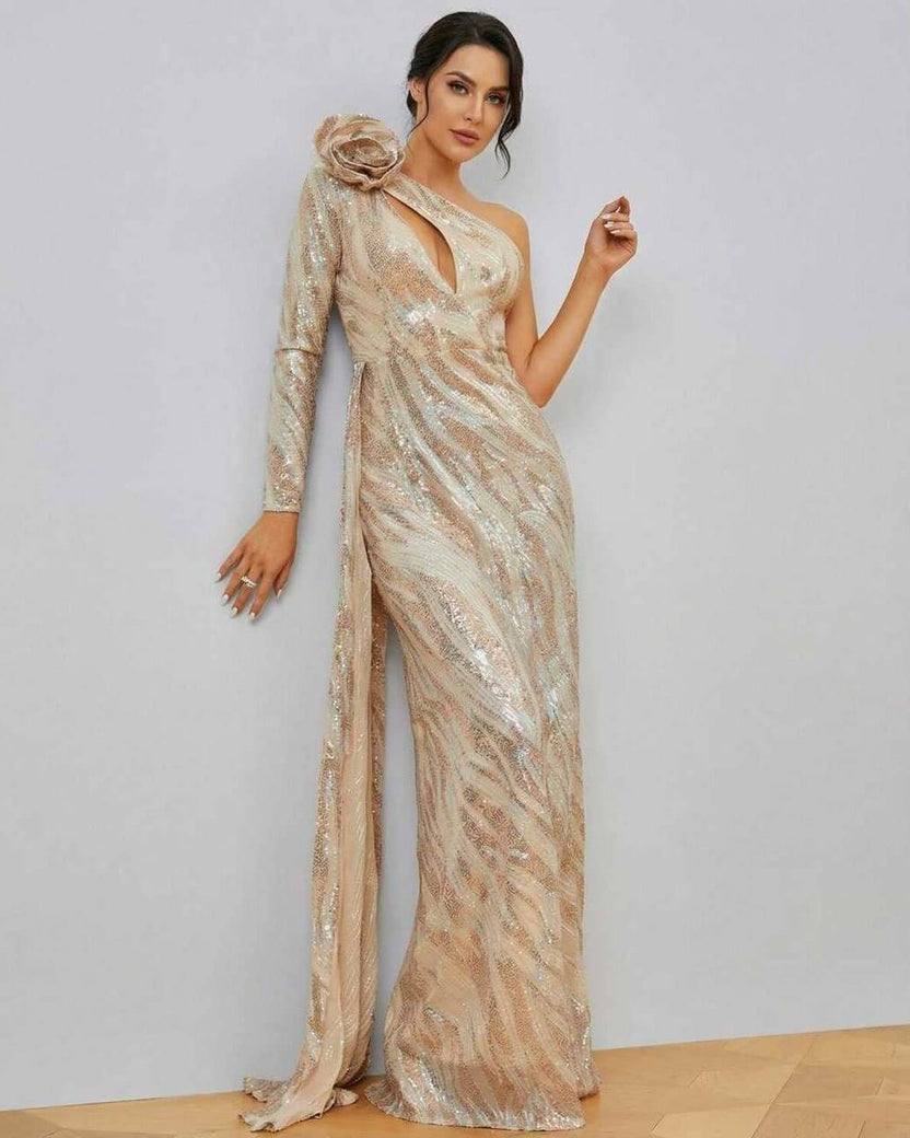 Celeste Maxi Dress by Lauven featuring an elegant one-shoulder design with sequins and a sleek mermaid silhouette.