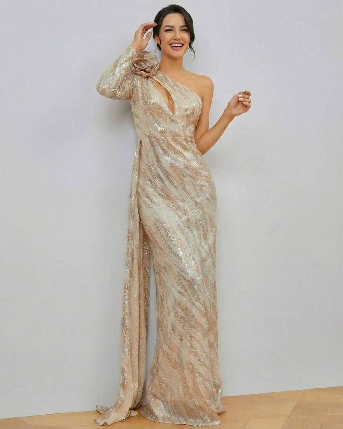 Celeste Maxi Dress by Lauven, elegant one-shoulder sequin gown with luxurious striped pattern and sleek mermaid silhouette.