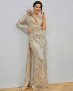 Celeste Maxi Dress by Lauven, elegant one-shoulder sequin gown with a luxurious striped pattern and mermaid silhouette.