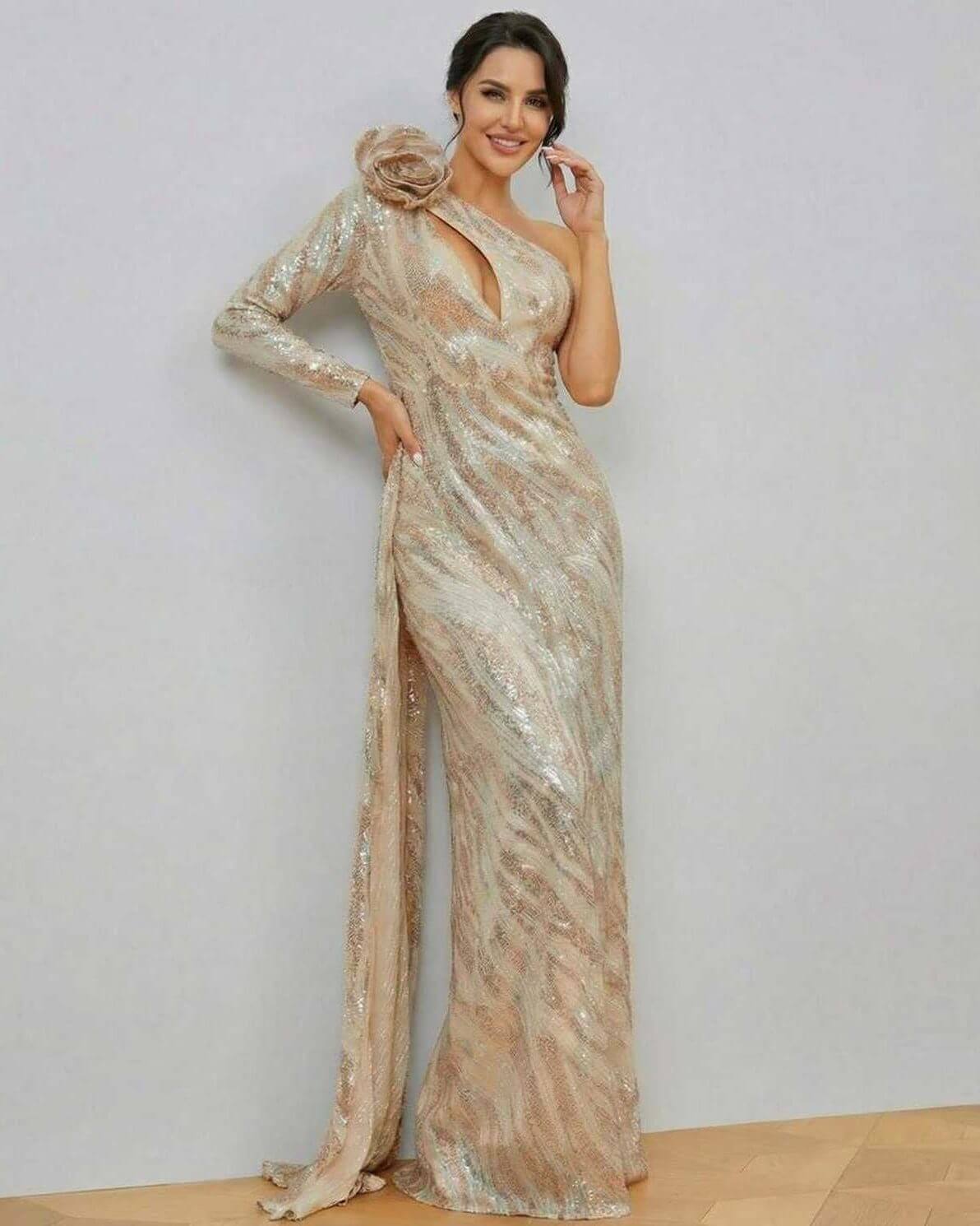 Celeste Maxi Dress by Lauven, elegant one-shoulder sequin gown with a luxurious striped pattern and mermaid silhouette.