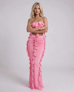 Celeste Maxi Dress by Lauven, elegant strapless pink dress with ruffle accents and modern silhouette.