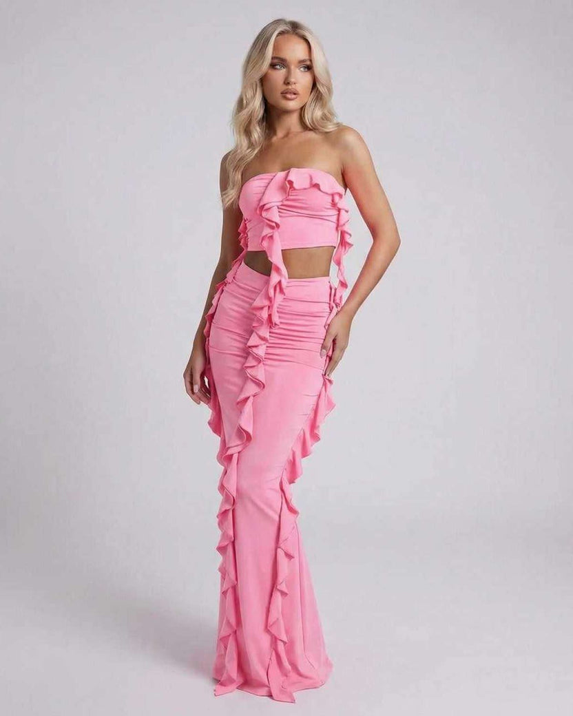 Celeste Maxi Dress by Lauven in elegant pink with ruffle accents and a strapless design.