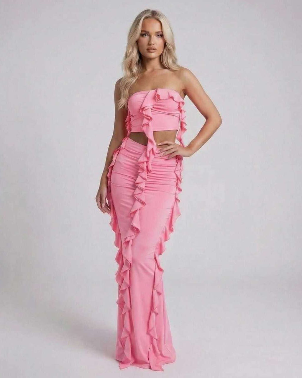 Celeste Maxi Dress by Lauven - Elegant pink ruffle accent maxi dress with strapless design and modern silhouette.
