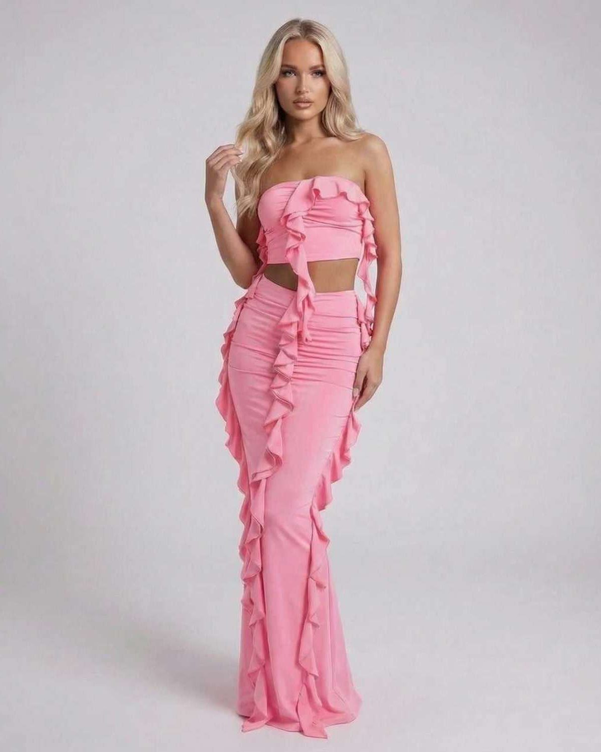 Celeste Maxi Dress by Lauven, elegant pink strapless maxi dress with ruffle accents.