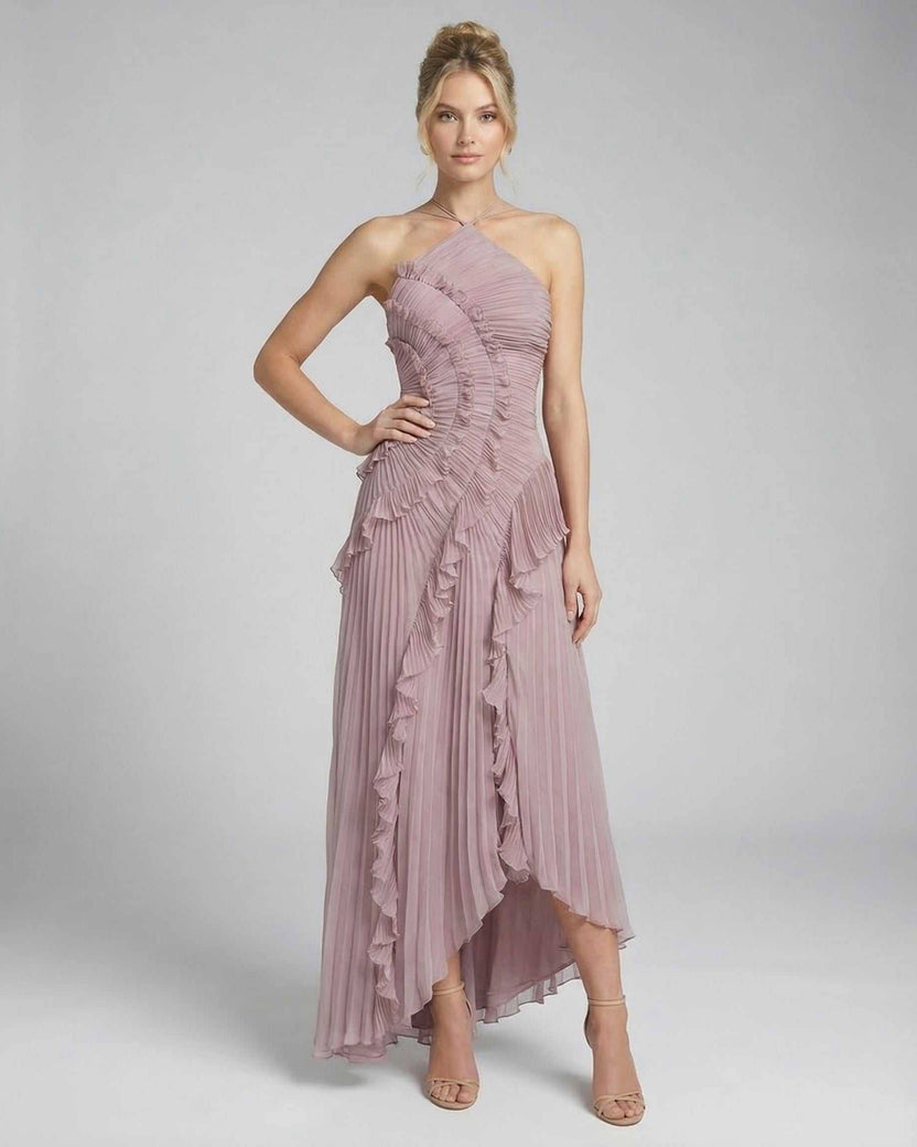 Celeste Maxi Dress by Lauven featuring a pleated halter neck and ruffled details in a dusty mauve hue.