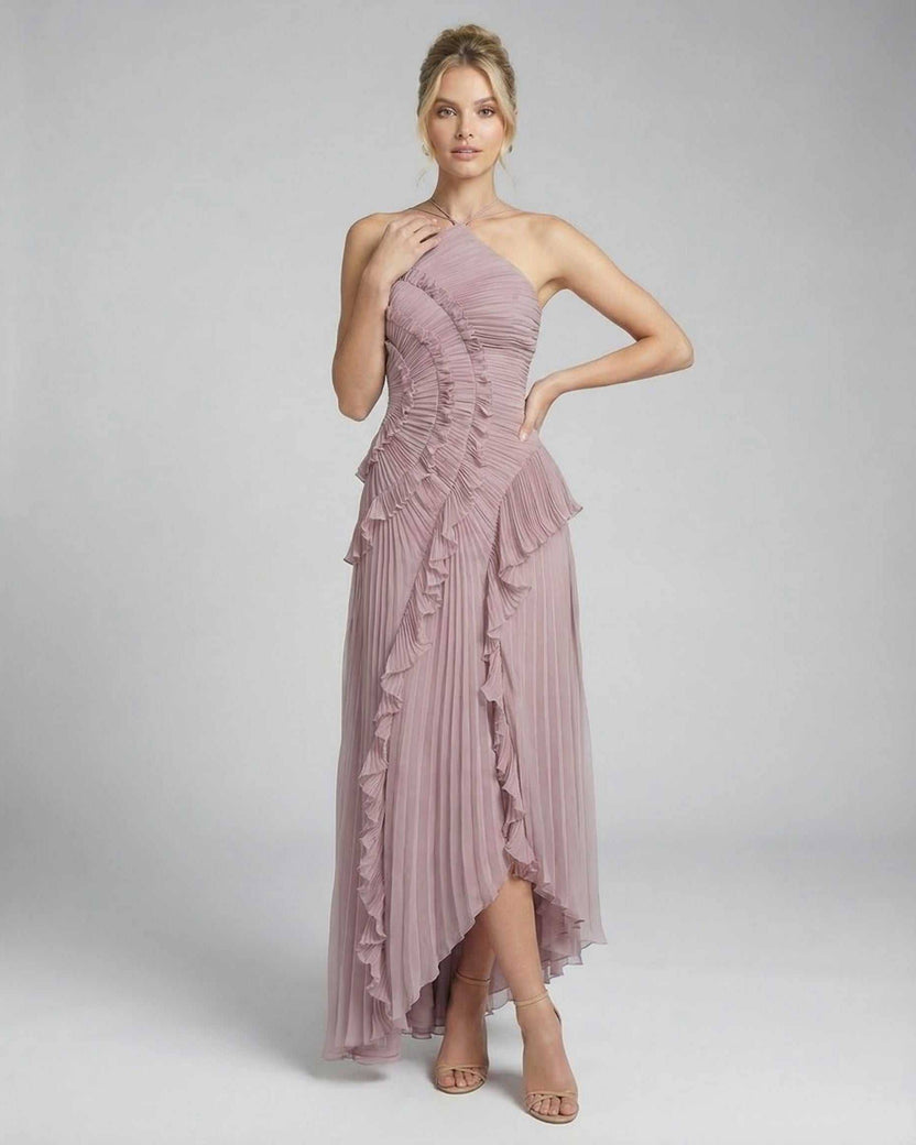 Lauven Celeste Maxi Dress in dusty mauve with pleats and ruffles, showcasing elegant halter neckline.