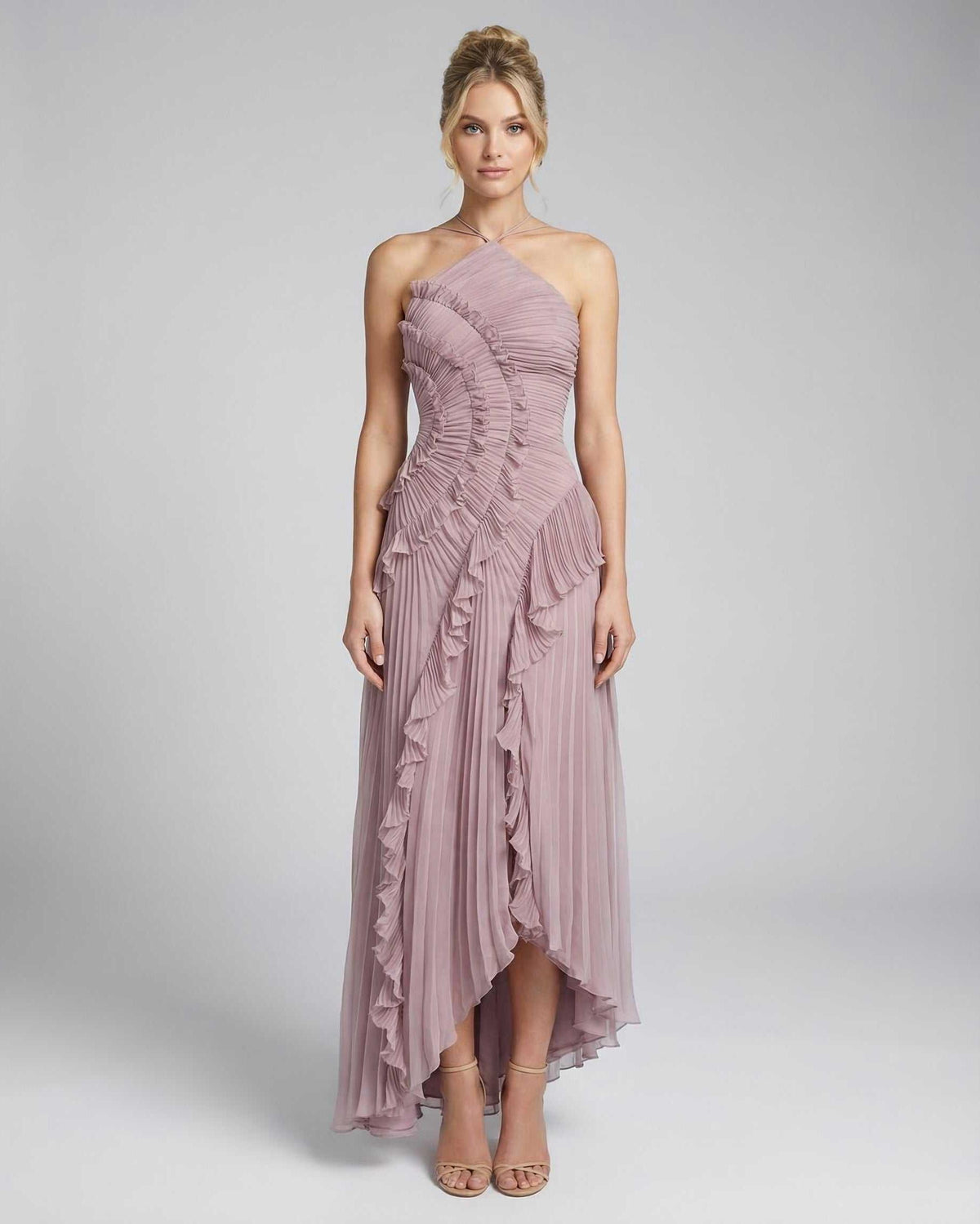 Celeste Maxi Dress by Lauven in dusty mauve, featuring elegant pleats and ruffles with a halter neck design.