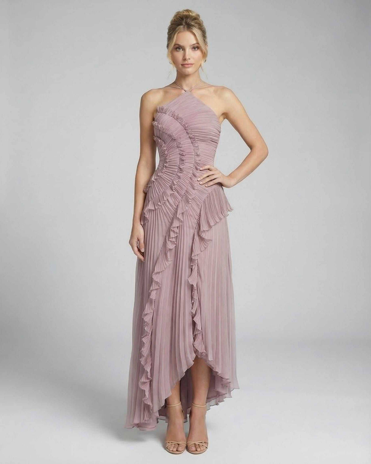 Celeste Maxi Dress by Lauven, elegant pleated halter neck silhouette in dusty mauve with ruffle details.