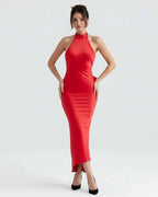 Celeste Maxi Dress by Lauven, elegant red satin evening gown with sleek silhouette and halter neckline.