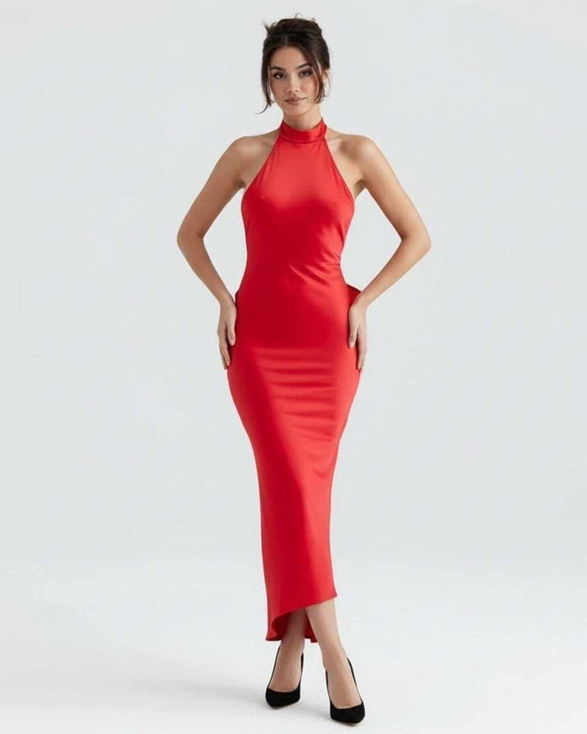 Celeste Maxi Dress by Lauven, elegant red satin evening gown with sleek silhouette and halter neckline.