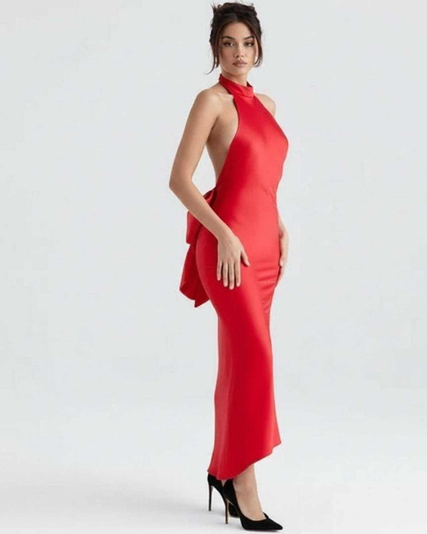 Celeste Maxi Dress by Lauven - Elegant red satin evening gown with a sleek silhouette and bow detail.