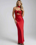 Celeste Maxi Dress by Lauven in luxurious red satin with a strapless neckline and elegant fit and flare silhouette.