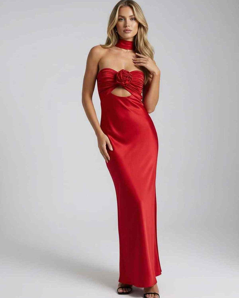 Celeste Maxi Dress by Lauven in luxurious red satin with a strapless neckline and elegant fit and flare silhouette.
