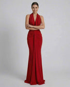Celeste Maxi Dress by Lauven, elegant red satin silhouette perfect for formal events.