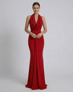 Celeste Maxi Dress by Lauven - Elegant red satin gown for formal occasions with a sophisticated silhouette.
