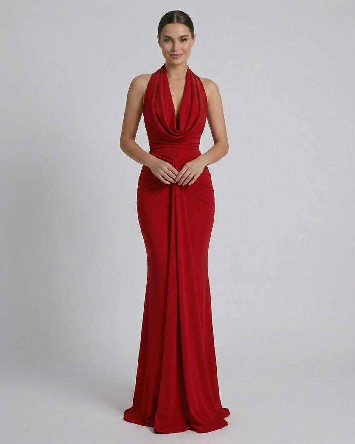 Celeste Maxi Dress by Lauven - Elegant red satin gown for formal occasions with a sophisticated silhouette.