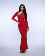 Celeste Maxi Dress by Lauven - Elegant red sheath dress with diagonal collar and full-length sleeves.