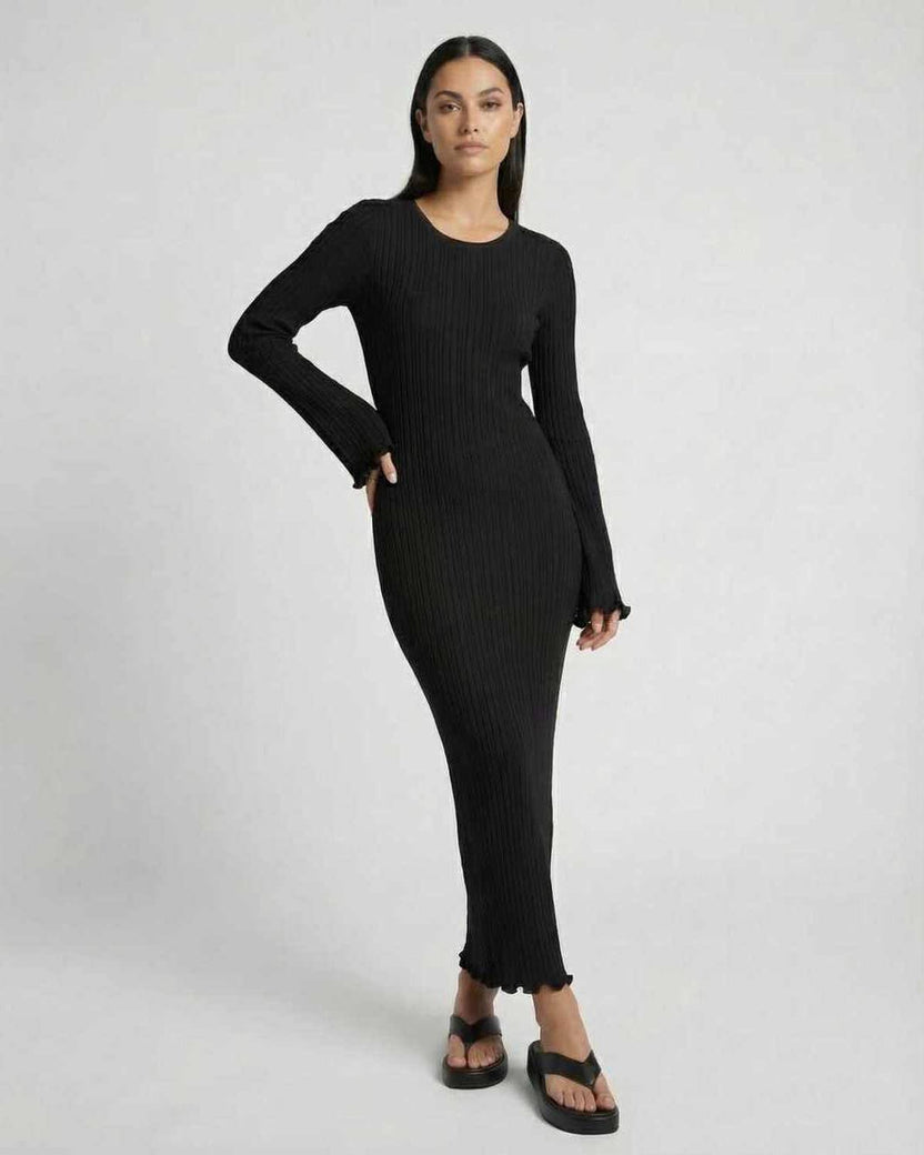 Celeste Maxi Dress by Lauven, elegant ribbed knit midi dress with long flared sleeves and ruffle details.