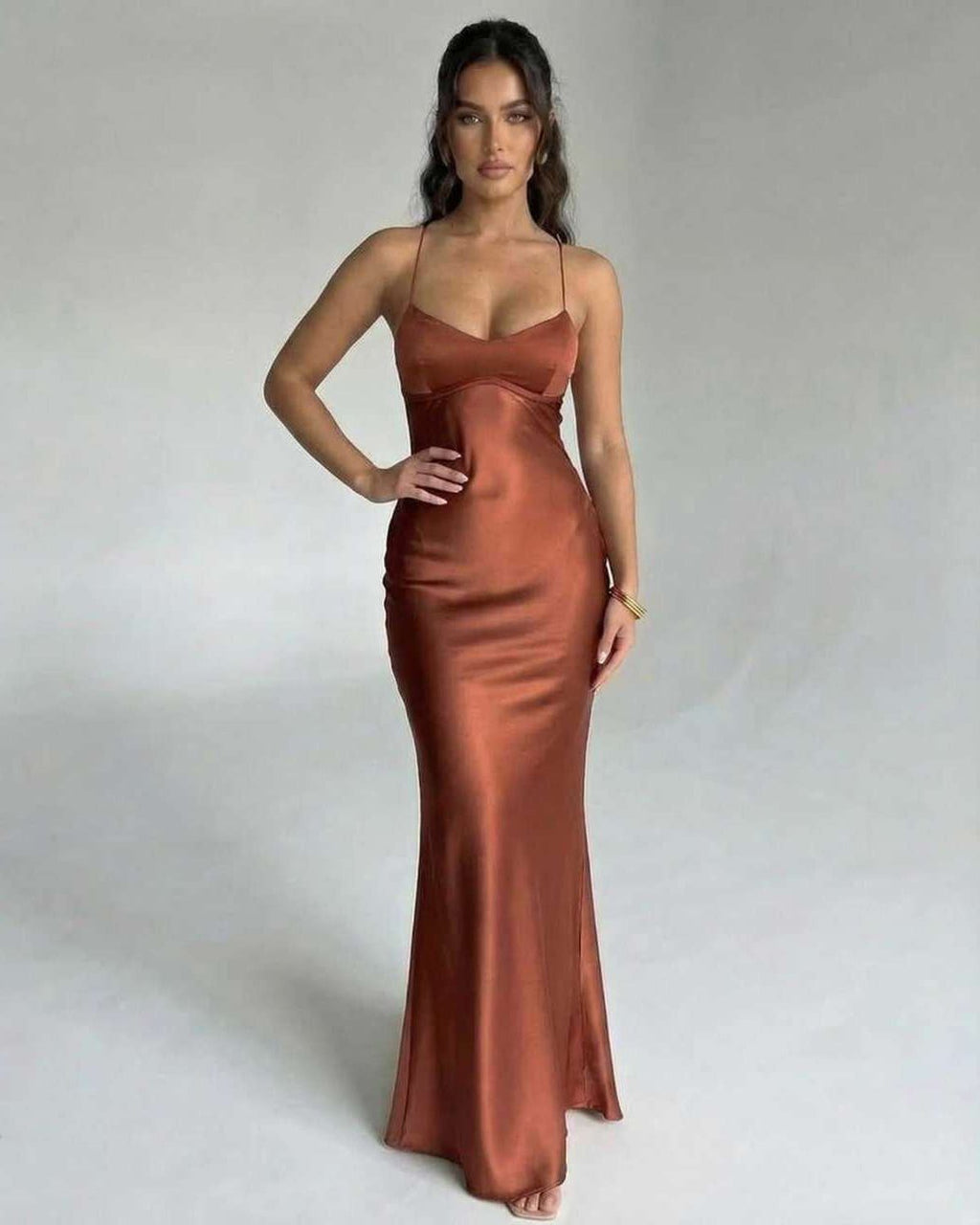 Celeste Maxi Dress by Lauven, elegant satin V-neck evening gown in rich copper tone.