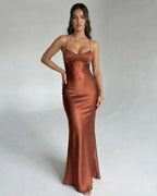 Celeste Maxi Dress by Lauven, elegant copper satin evening gown with V-neckline and spaghetti straps.