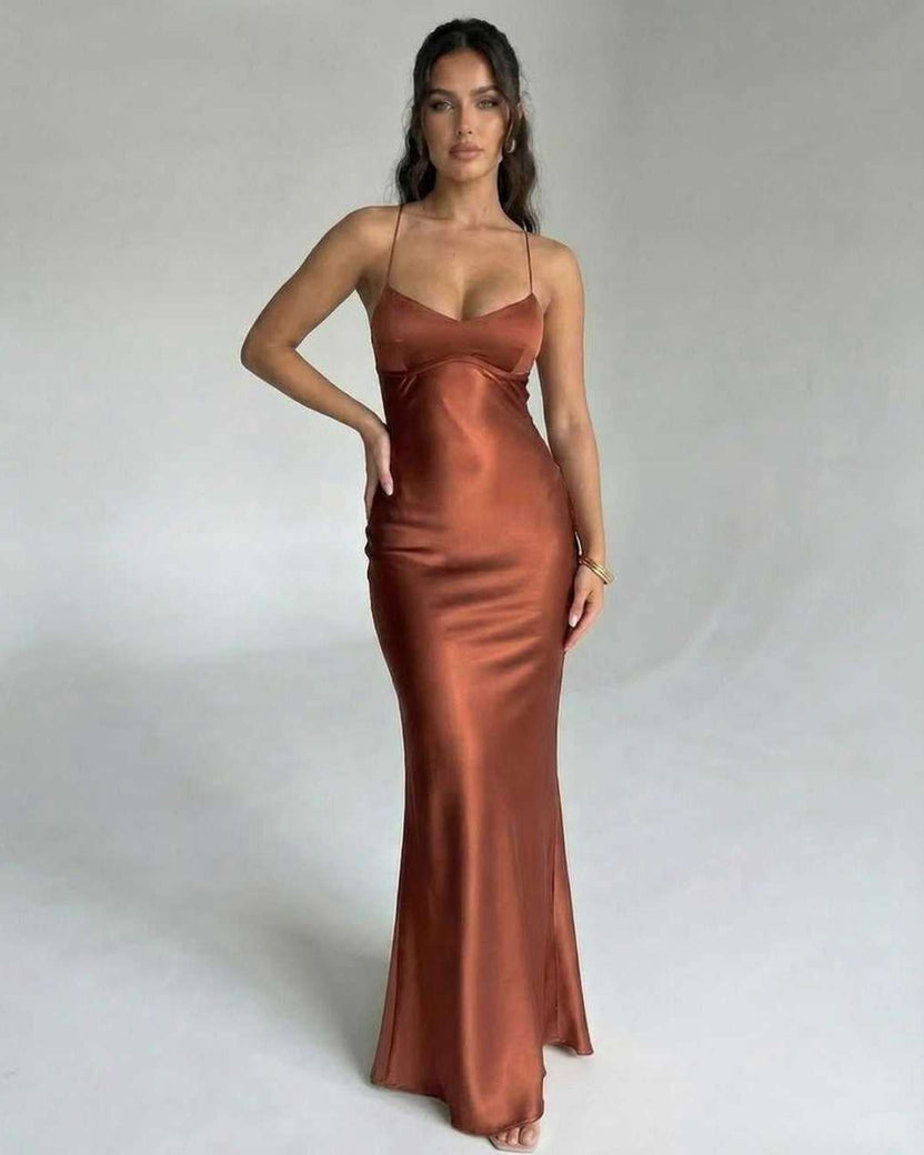 Celeste Maxi Dress by Lauven, elegant copper satin evening gown with V-neckline and spaghetti straps.