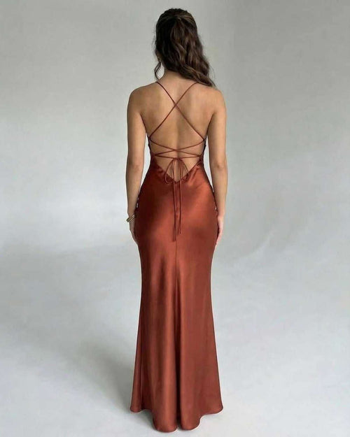 Celeste Maxi Dress by Lauven, elegant satin back view with spaghetti straps in rich copper tone.