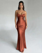 Celeste Maxi Dress by Lauven, elegant satin V-neck evening gown in rich copper tone.