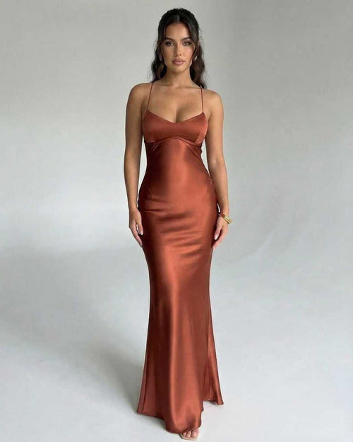 Celeste Maxi Dress by Lauven, elegant satin V-neck evening gown in rich copper tone.