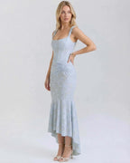 Celeste Maxi Dress by Lauven featuring a square collar, jacquard fabric, and elegant fish tail hem in pale blue.