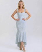 Celeste Maxi Dress by Lauven features a square collar and pleated design in serene pale blue hue.