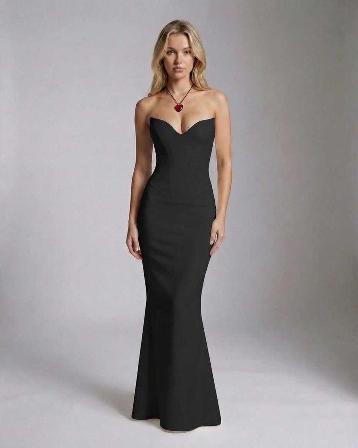 Celeste Maxi Dress by Lauven, elegant textured knit ankle-length dress in black on model.