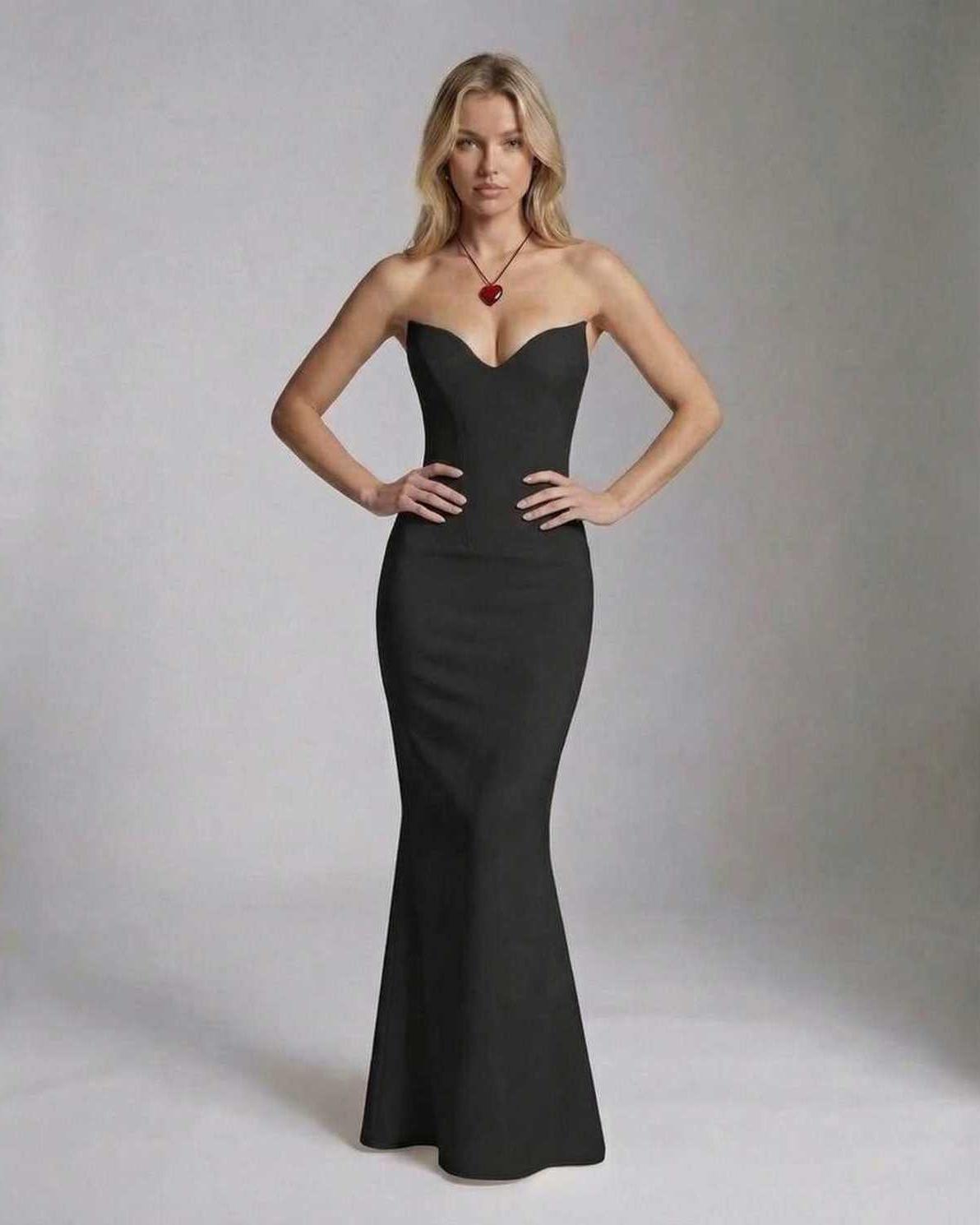Celeste Maxi Dress by Lauven, elegant black ankle-length dress with a slim fit and sweetheart neckline.