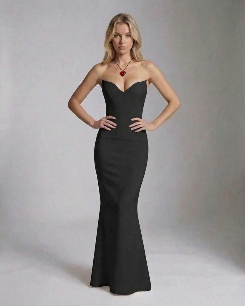 Celeste Maxi Dress by Lauven, elegant black ankle-length dress with a slim fit and sweetheart neckline.
