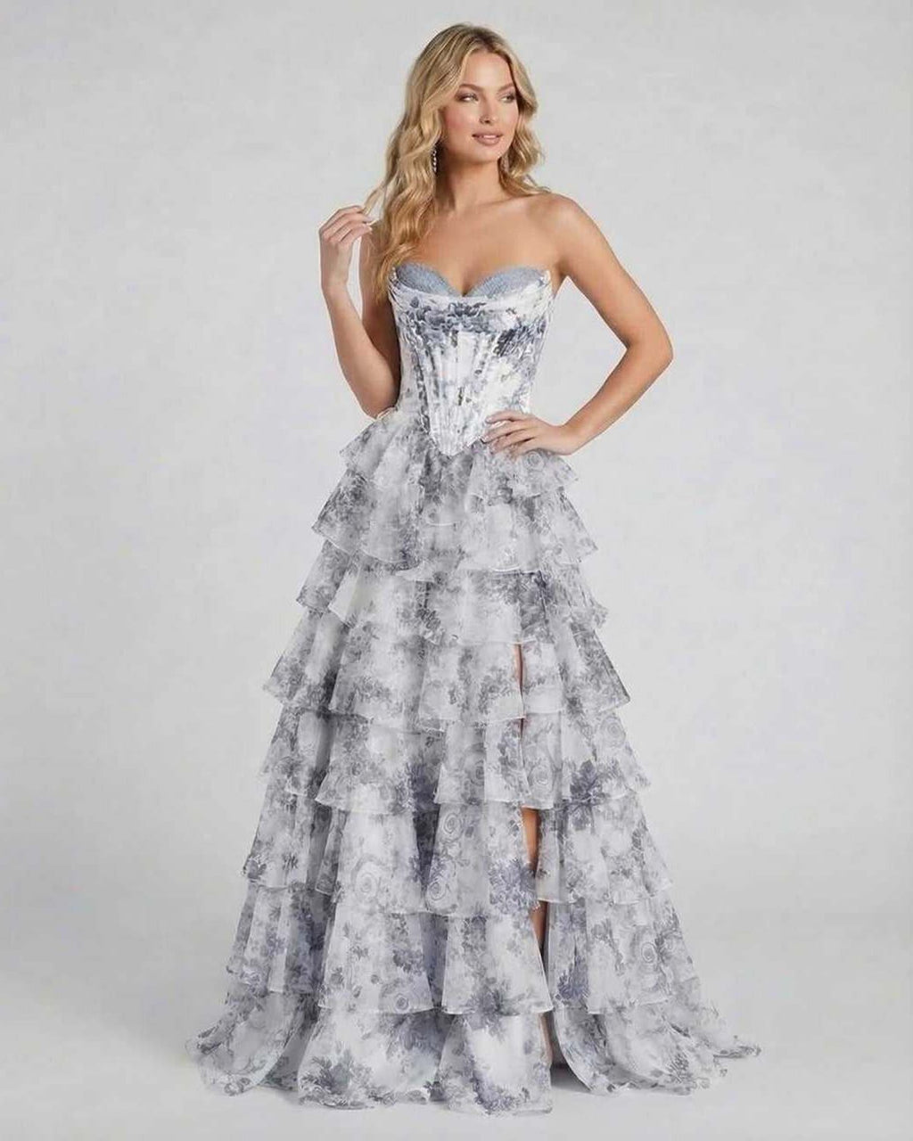 Celeste Maxi Dress by Lauven – Elegant tiered floral chiffon gown in gray and white with a flowing silhouette.