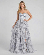 Celeste Maxi Dress by Lauven, featuring elegant tiered floral chiffon design in gray and white hues.