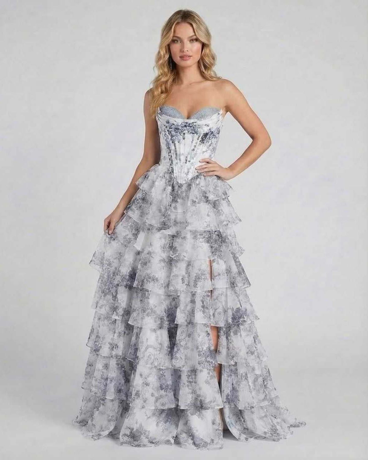 Celeste Maxi Dress by Lauven, featuring elegant tiered floral chiffon design in gray and white hues.