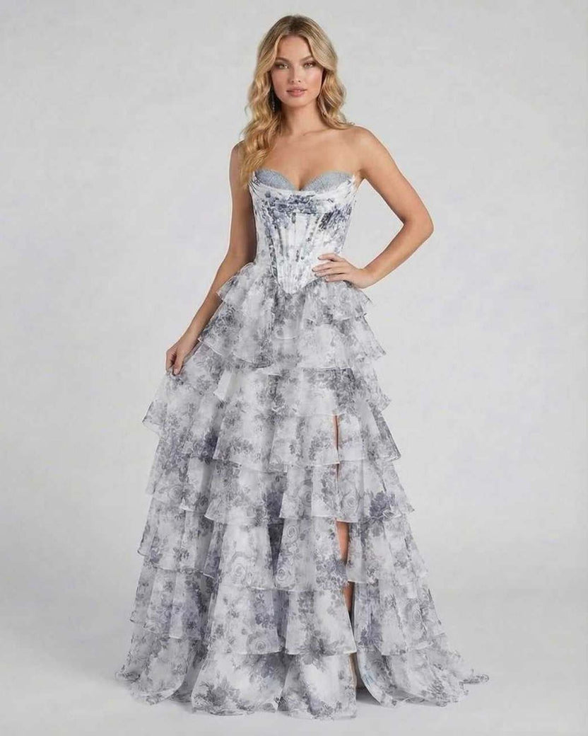 Celeste Maxi Dress by Lauven, featuring elegant tiered floral chiffon design in gray and white hues.