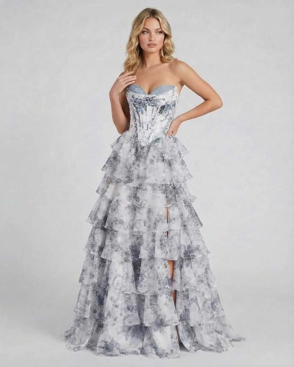 Celeste Maxi Dress by Lauven - Elegant tiered floral chiffon gown in gray and white with a romantic silhouette.