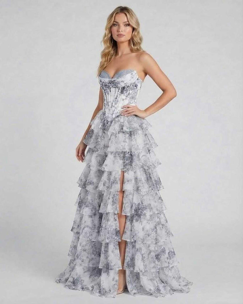 Celeste Maxi Dress by Lauven, elegant tiered floral chiffon gown in gray and white, perfect for refined occasions.