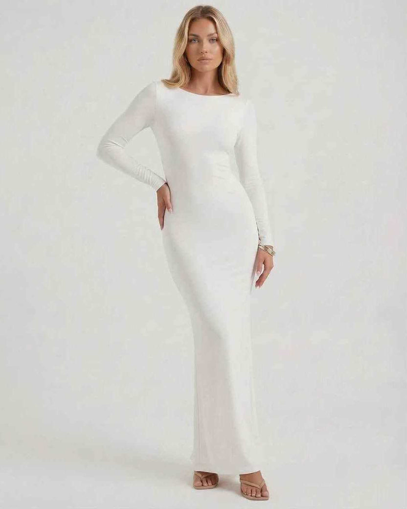 Lauven Celeste Maxi Dress, elegant white long sleeve design, open back, smooth fabric for formal occasions.